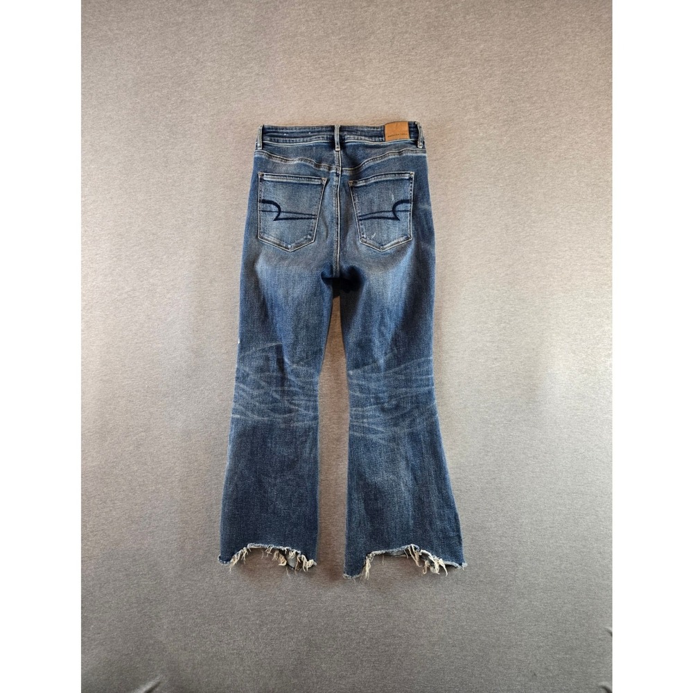 American Eagle Jeans Women 6 Blue Super Hi-Rise‎ Crop Flare Distressed Raw Hem - Picture 2 of 14